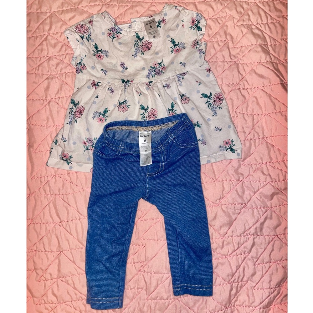 Carter’s 2 Piece Outfit - Floral White Shirt & Jeggings - 6 Months Baby